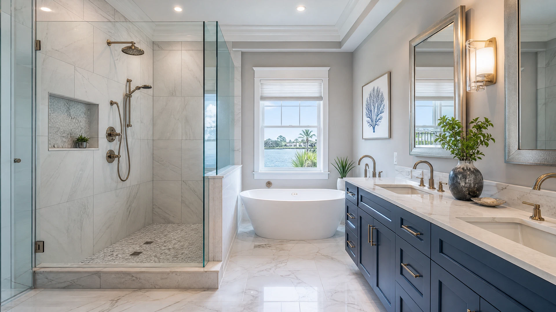 Completed people-free bathroom remodel with shower, tub, vanity, and polished fixtures